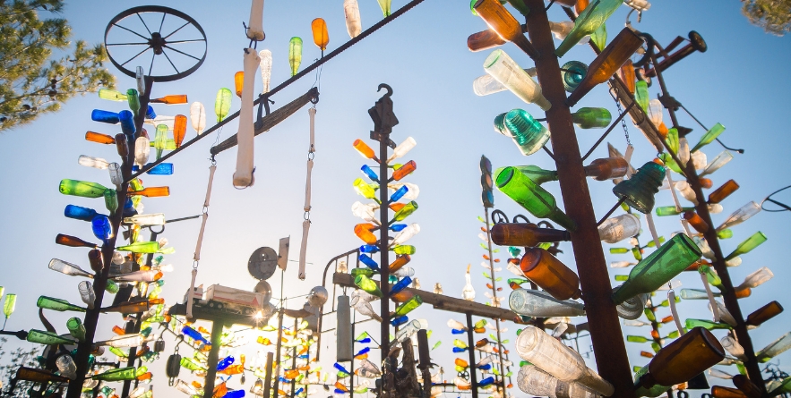 Art installation with collected beer bottle at Elmer's Bottle Tree Ranch, San Bernardino, California.