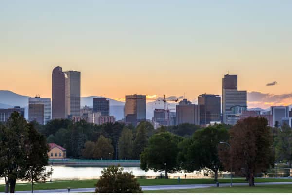 Denver Colorado skyline at sunset