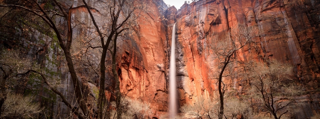 Rains create waterfall at Temple of Sinawava near the end of The Narrows. 