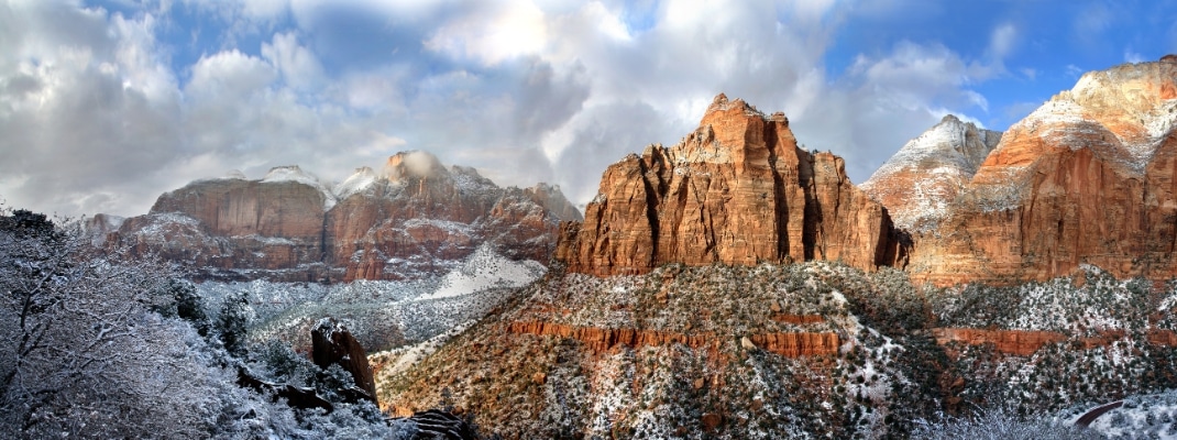 Great Sandstone Peaks In Winter Towering Above The Virgin River Just North Of Springdale Utah In Zion National Park, USA
