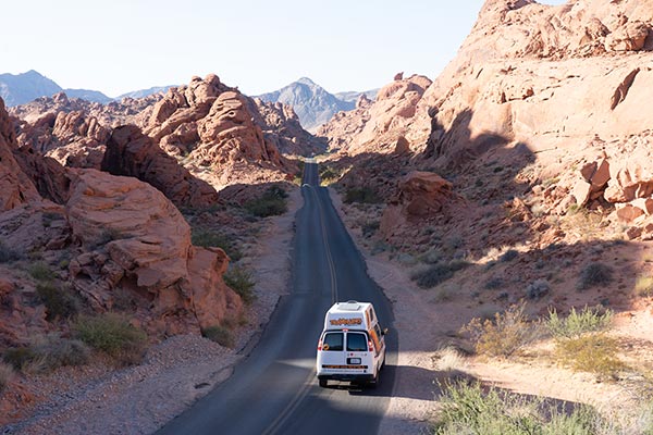 Campervan driving through Valley of Fire State Park