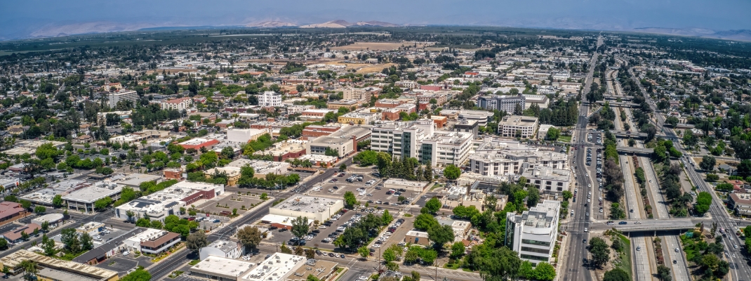 Aerial View of Downtown Visalia, California during Spring 