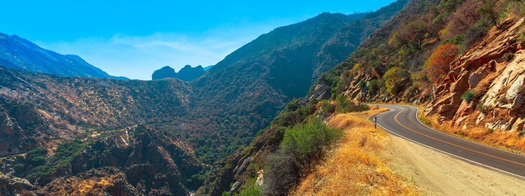 Aerial view of Kings river bordered by Sequoia National Park. 