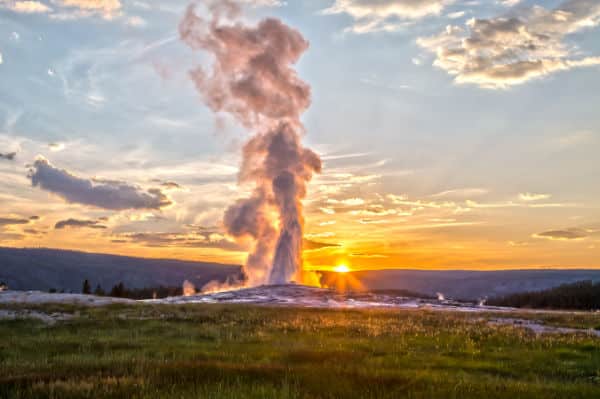 Old Faithful at sunset