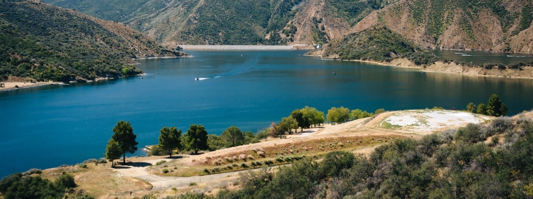 View of Pyramid Lake, in Angeles National Forest, California. 