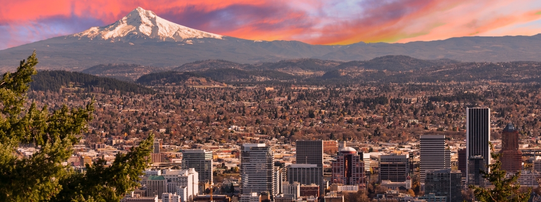 Sunrise View of Portland, Oregon from Pittock Mansion.
