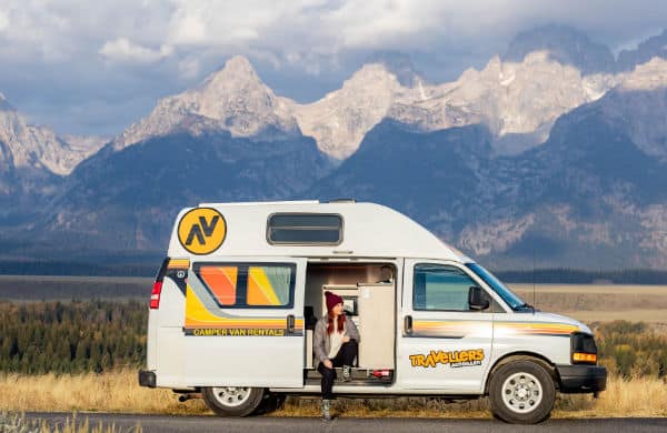 Grand Tetons behind Travellers autoboarn campervan