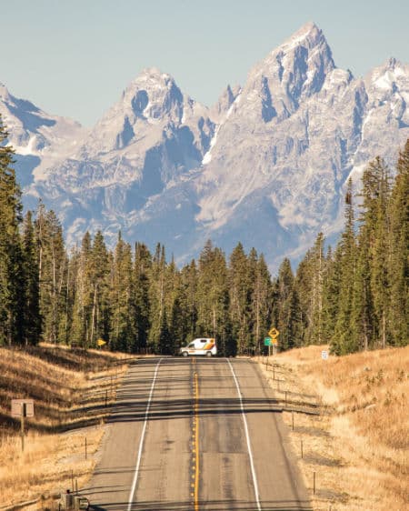 Travellers Autobarn campervan in front of mountains