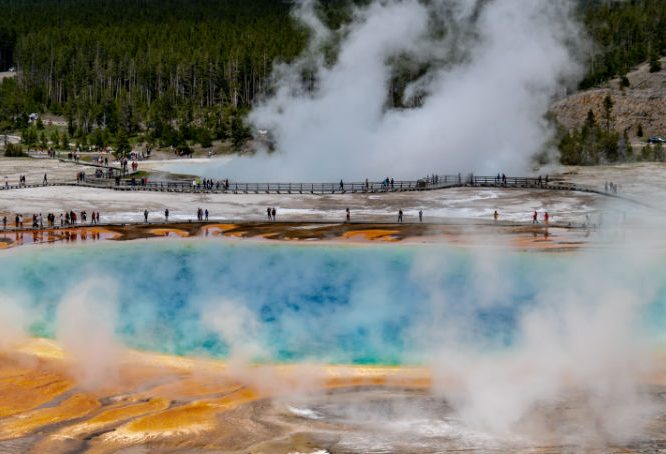 View of Grand Prismatic from Fair Falls Trail