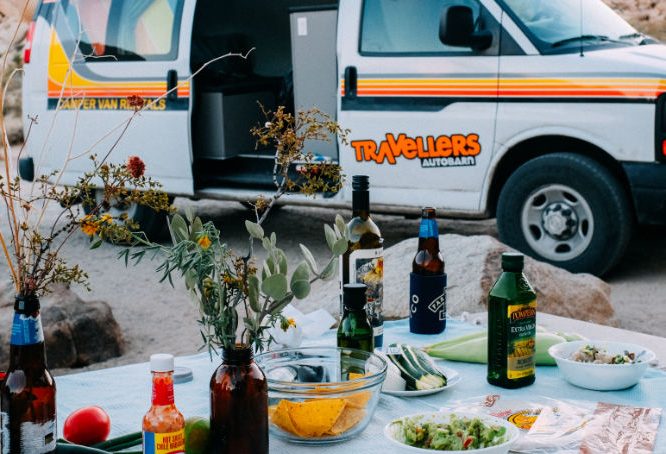 picnic table, food and campervan