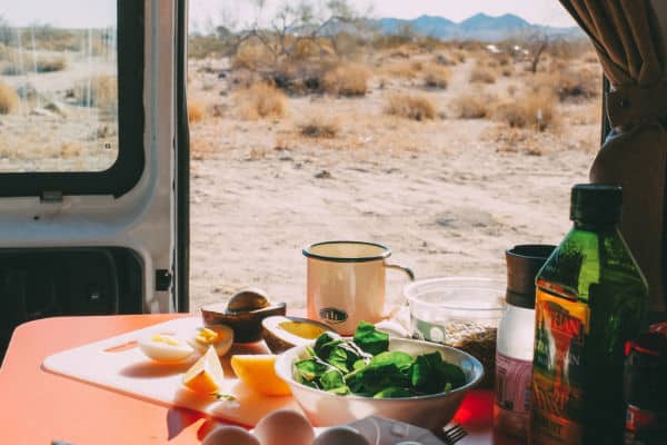 campervan table with food and view