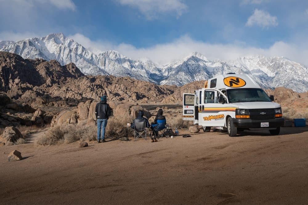 Campervan with mountains in background
