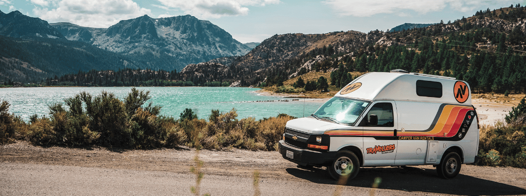 Campervan next to lake