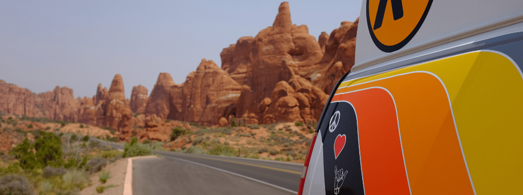 Campervan on road, Arches National Park 