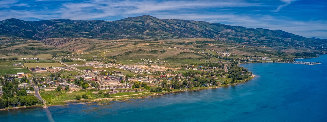 Aerial View of Garden City, Utah on the shore of Bear Lake
