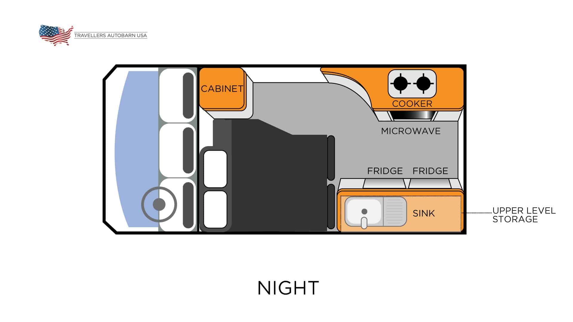 Hi5 Campervan USA - Night Layout - Bottom Double Bed