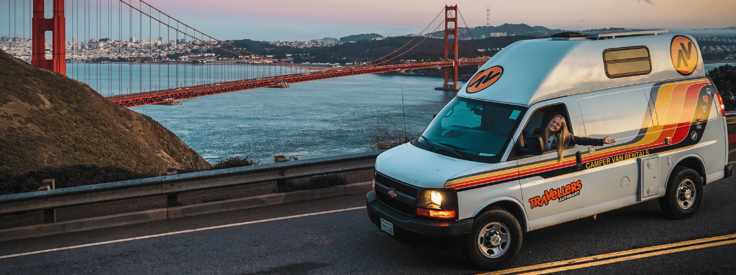 Campervan on road with Backdrop of Golden Gate Bridge. San Francisco, USA