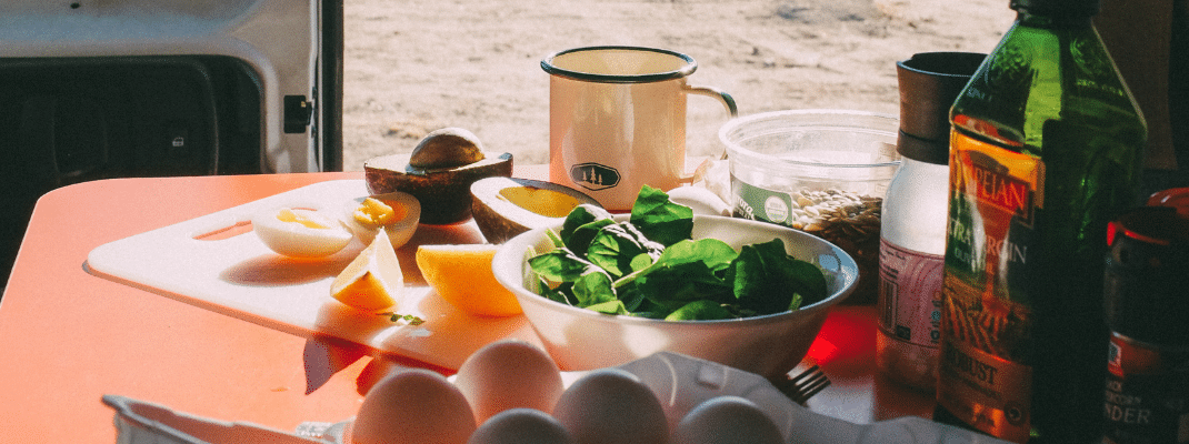 Food on table in campervan