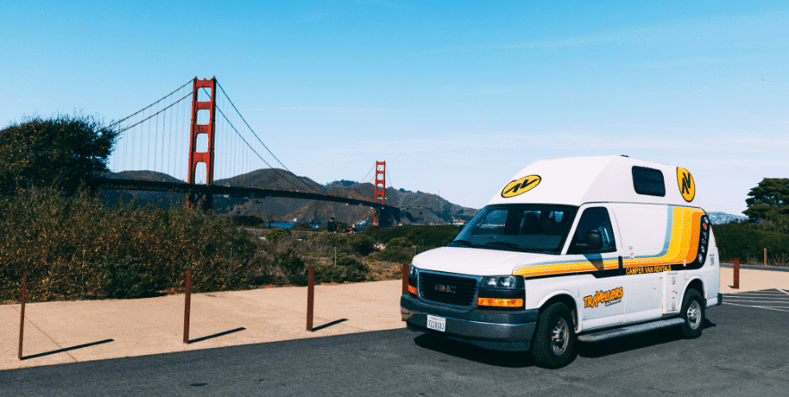 Campervan in front of Golden Gate Bridge, San Francisco