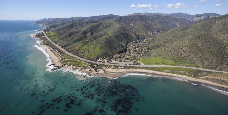 Aerial view of Leo Carrillo State Park and Pacific Coast Highway in Malibu, California.