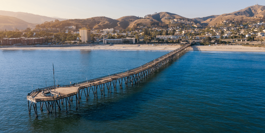 Aerial view of downtown Ventura, California and the coast of San Buenaventura State Beach.