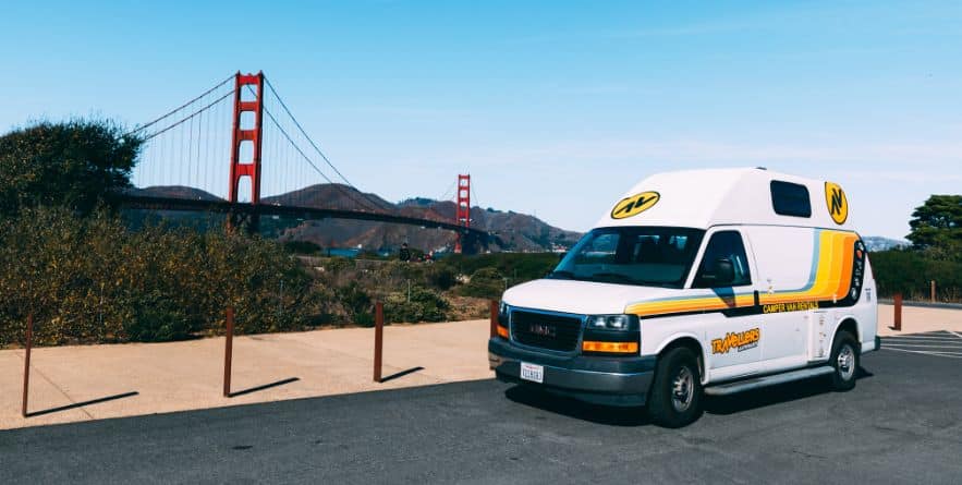 Campervan in front of the Golden Gate Bridge, USA