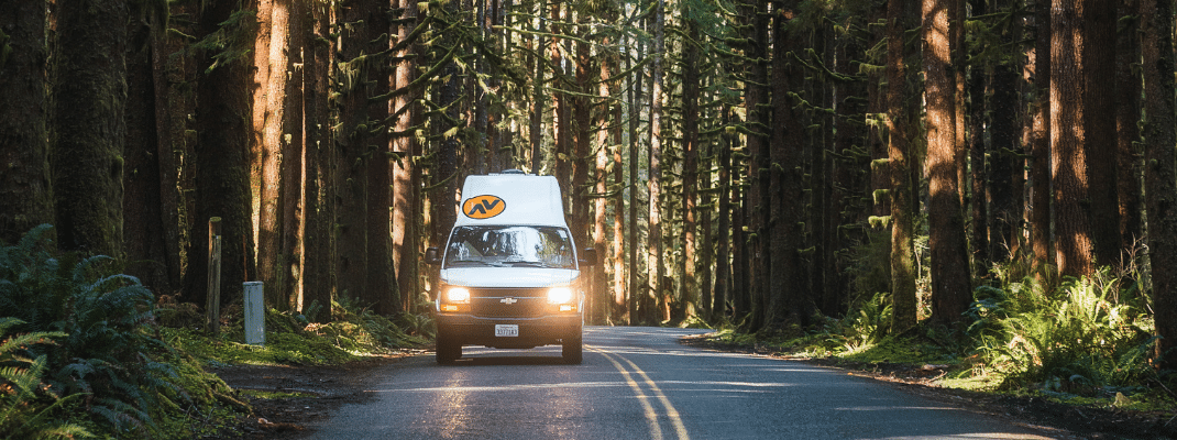 Campervan driving through Hoh Rainforest, USA