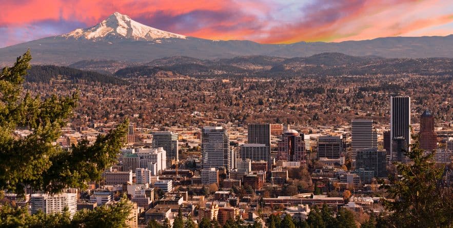 Sunrise View of Portland, Oregon from Pittock Mansion.