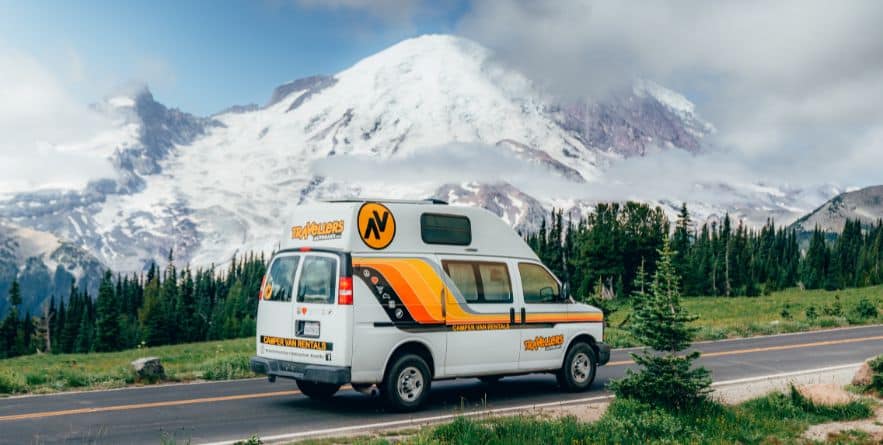 Campervan on road in Mount Rainier National Park