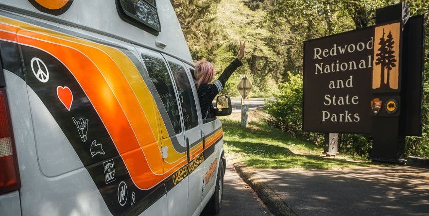 Campervan driving through Redwood National Park