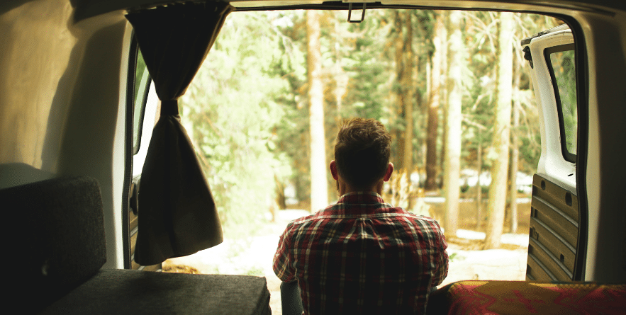 View out the back of a campervan in Redwood Forest, USA