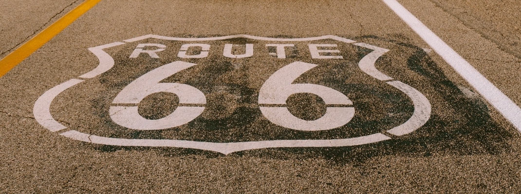 Route 66 sign on road in the USA