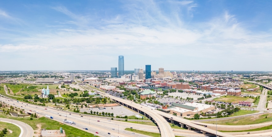 Aerial panorama highways to Oklahoma City OK circa 2023