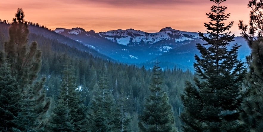 Sunset in the Sierra Nevada Mountain range in early winter in Truckee, California, near Lake Tahoe