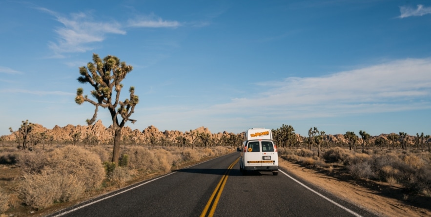 Campervan driving through Joshua Tree National Park, USA