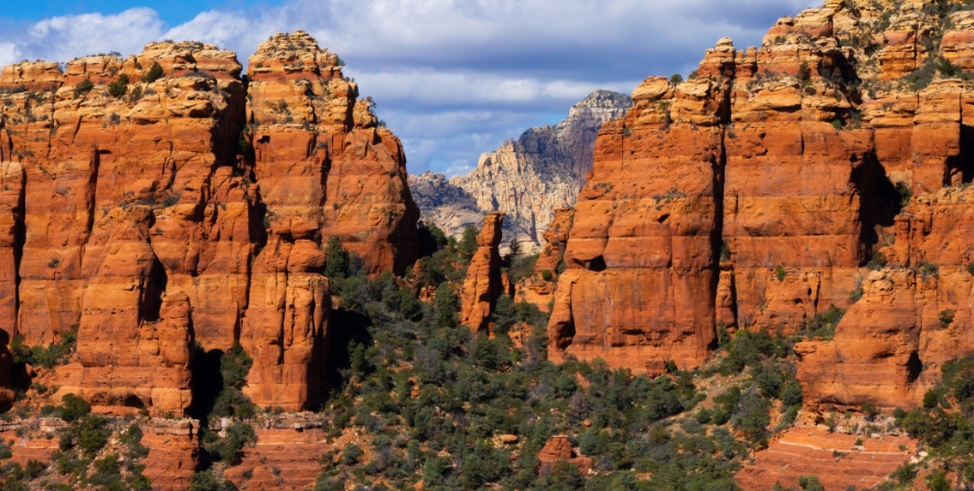 Sedona, Arizona's giant red rock mountains with desert bushes