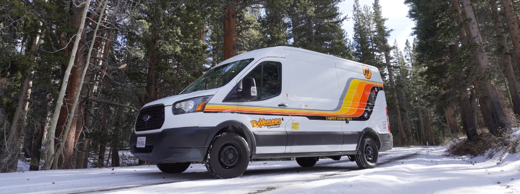 Campervan on road in winter