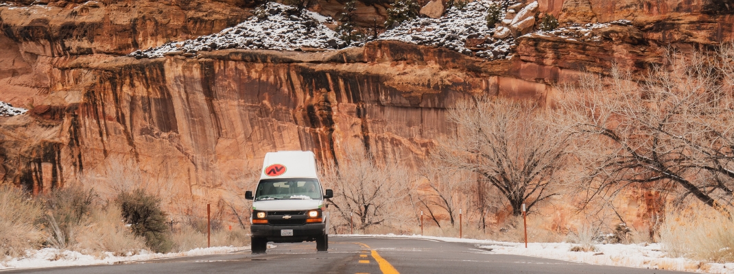 campervan on road in winter usa (1)