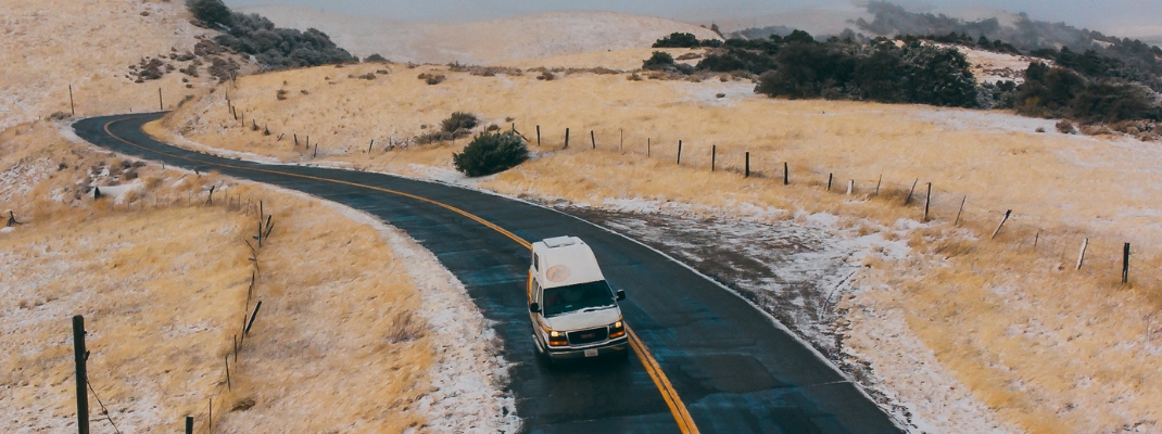 Campervan on road in Los Padres National Forest