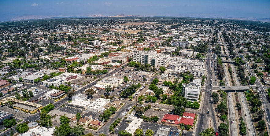 Aerial View of Downtown Visalia, California during Spring