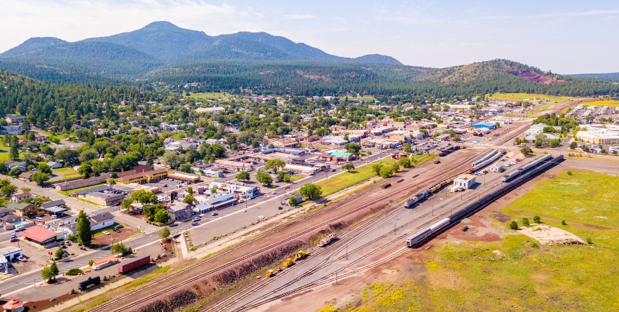 Aerial view of the Arizona Williams city and the railway station in Arizona. Route 66.