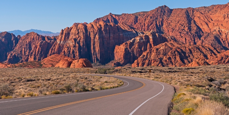Road Into A Red Rocks Canyon in Snow Canyon State Park in Utah