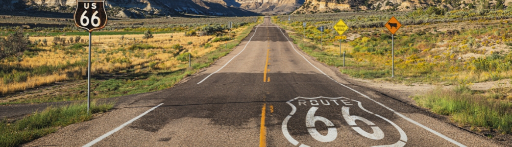 Scenic panoramic view of long straight road on famous Route 66
