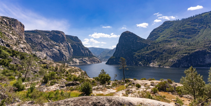 A scenic view of Hetch Hetchy Valley, and Resevoir from the Wapama Falls Trail