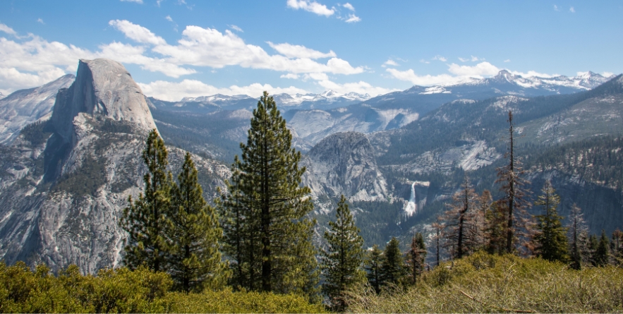 View from Sentinel Dome area near Glacier Point to Half Dome in Yosemite Valley California