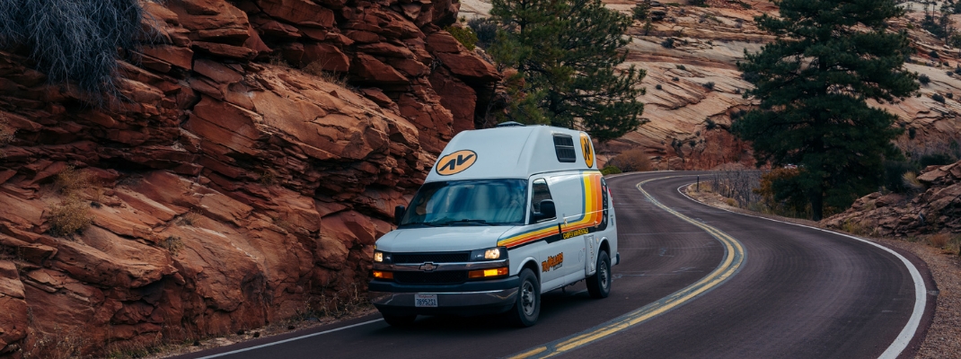 Campervan travelling along road in Zion National Park