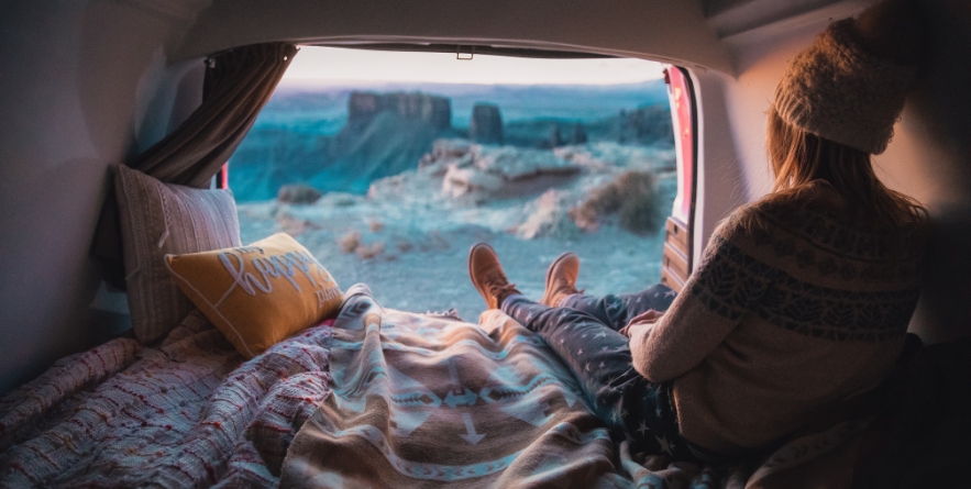 View out back of campervan in winter