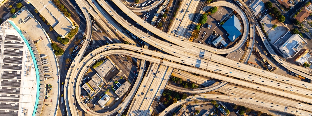 Lively traffic on the highways, loops and freeways in Los Angeles downtown