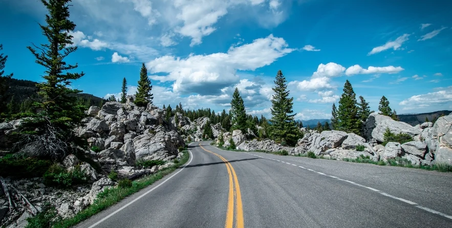 A very scenic road in the middle of Yellowstone Park.