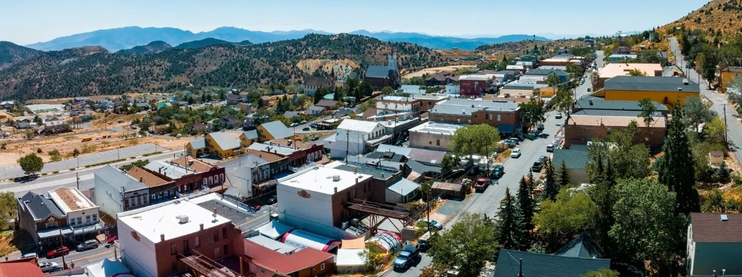 Aerial scenic view of Victorian building on historic Main C street in downtown Virginia City